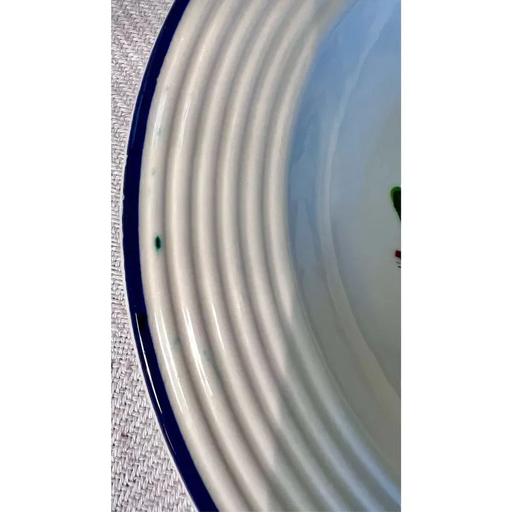 Varages Peasant Woman Bowl 9.25 Inch Soup Bowls with Cobalt Trim 1960s France